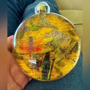 Vintage Colorful Dragonfly Round Glitter Glass Ornament EUC Holiday Christmas